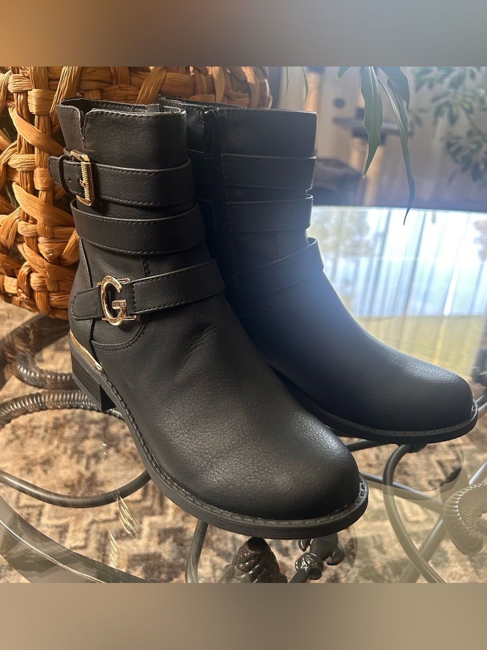 GUESS Harlin Moto Biker Combat Black Faux Leather Ankle Boots